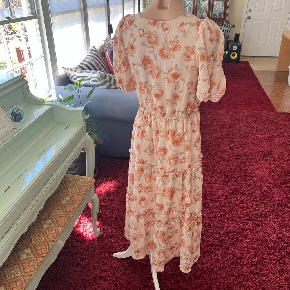 Bohemian Dusty Orange Floral Midi Dress Sz S by Blu Pepper - Picture 14 of 15